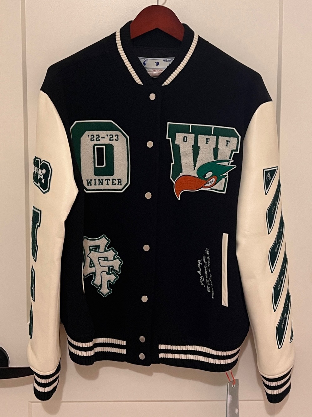 Off-White Black, White & Green Varsity Bomber Jacket